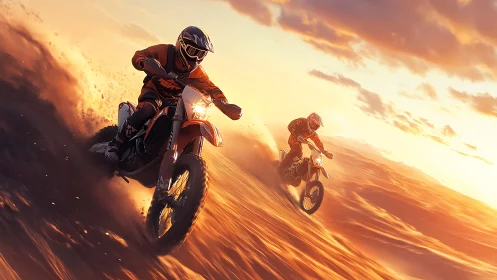 Desert dusk riders carving firelit trails through molten sand.