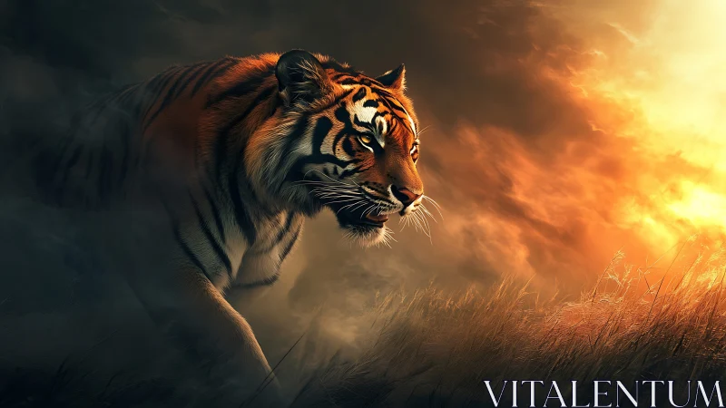 Tiger advancing through mist toward backlit horizon at dusk.