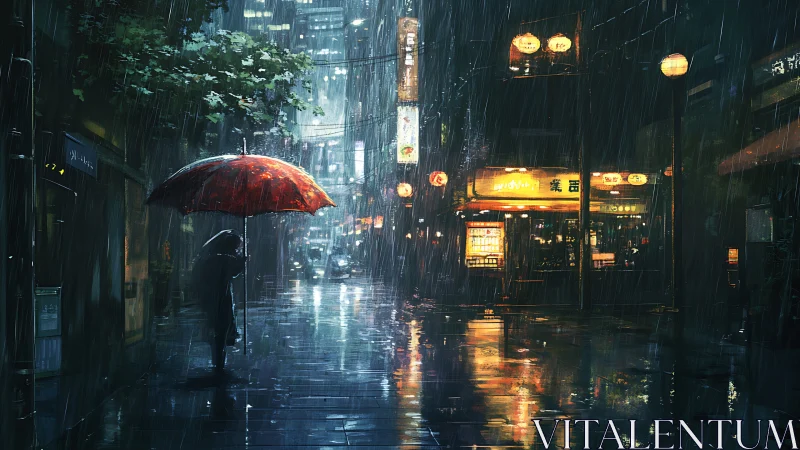 Quiet rainy city street glowing with warm neon lights.