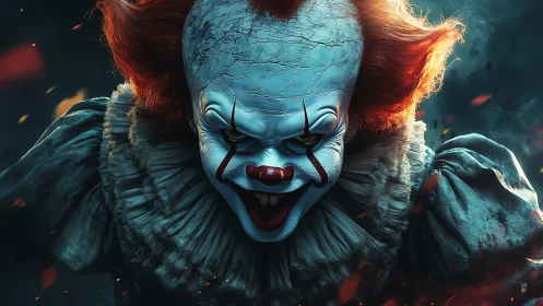 Menacing horror clown portrait with cracked white makeup.