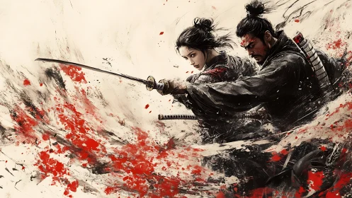 Samurai duo in dynamic sword arc rendered as digital ink