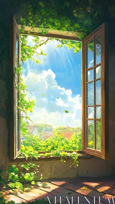 Open wooden window with vines overlooking sunny village.