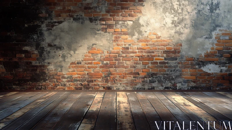 Weathered brick wall and worn timber floor are illuminated