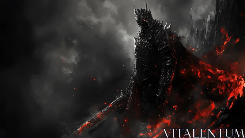 Dark warlord rises through ash with burning obsidian blade.