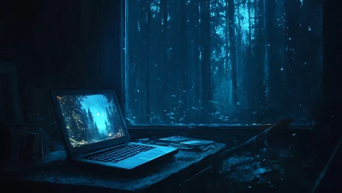 Laptop on dark forest desk with glowing screen at night.