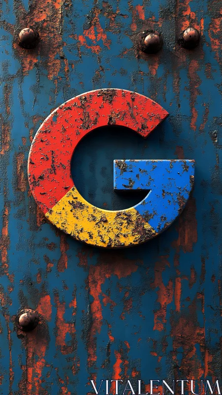 Weathered multicolor G logo on rusted blue metal surface.