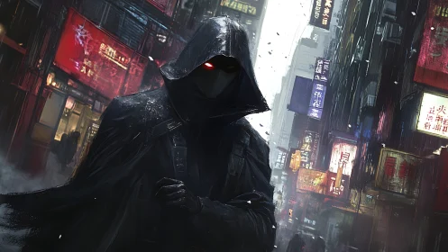 Hooded cybernetic sentinel with red optics in neon rain alley