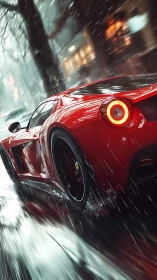 Red supercar powers through rainy neon city street.