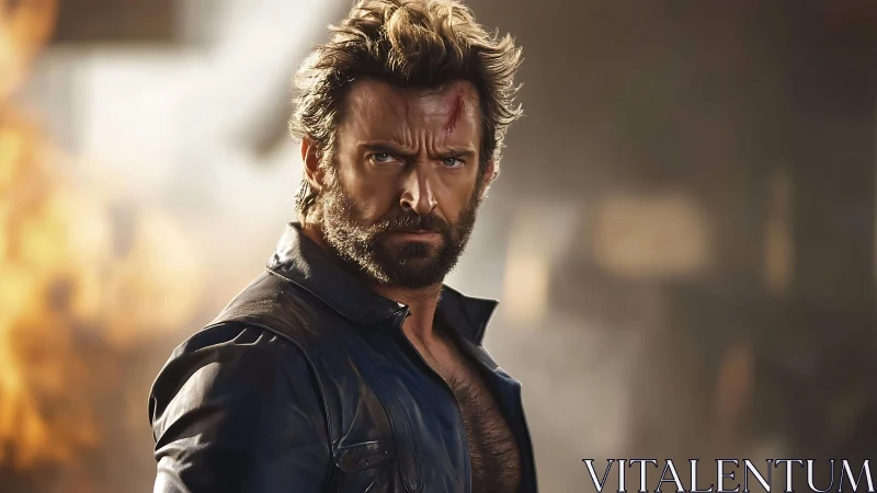 Brooding action hero in leather jacket amid fiery blur.