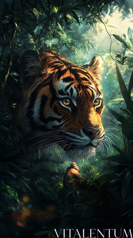 Majestic tiger emerging through luminous jungle foliage.