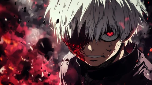 White haired anime antihero reveals bloodied eye in chaos