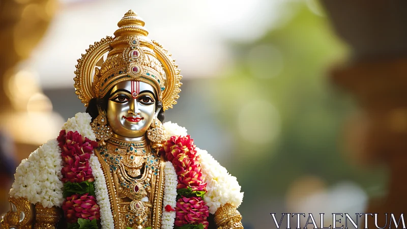 Resplendent Hindu deity statue in ornate floral garlands.