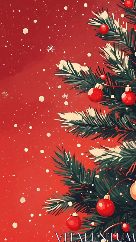 Crimson snowfall embraces evergreen boughs and ruby baubles.