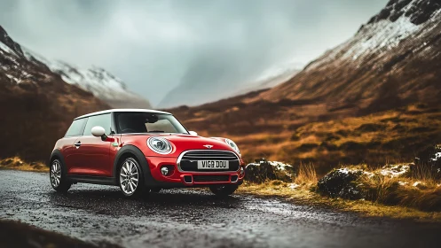 Red Mini Cooper on wet mountain road in winter landscape.