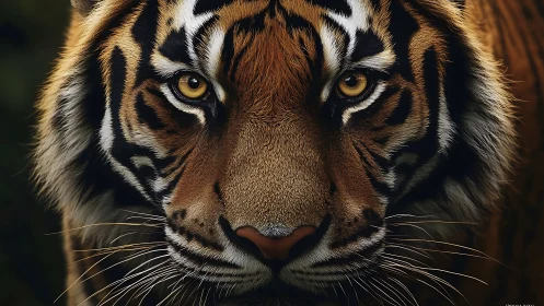 Tiger portrait shows intense gaze and rich facial markings.