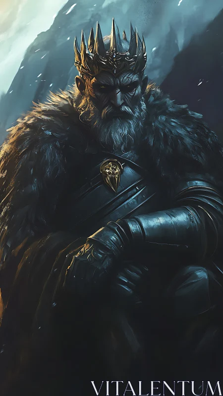 Storm-forged mountain king brooding in ember and ice.