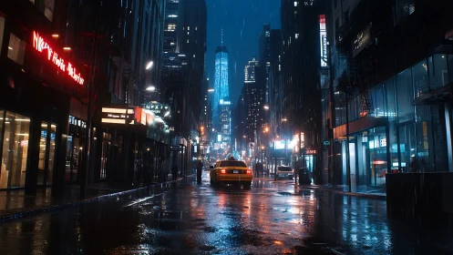 Rain-soaked urban avenue with reflective neon lighting and lone taxi