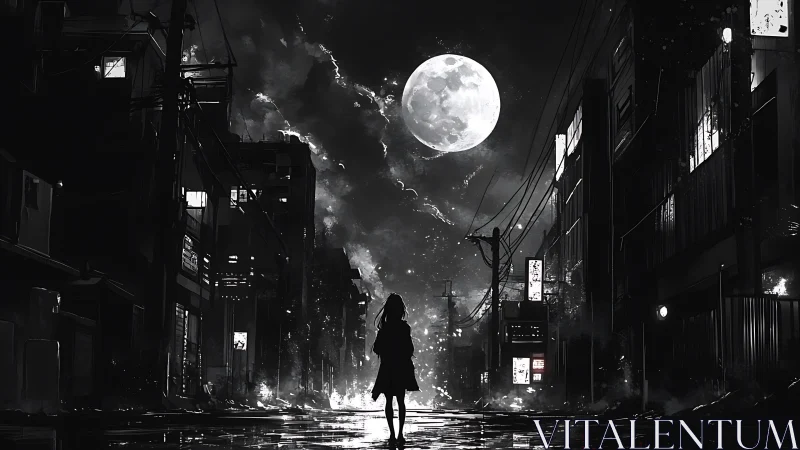 Solitary silhouette studies a full moon above ruined city street