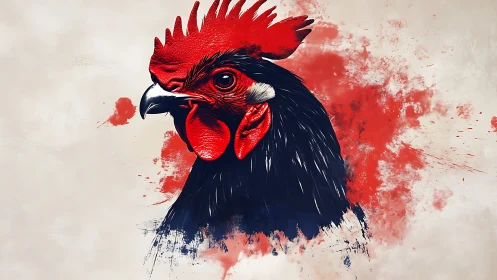 Rooster head rendered with red and navy watercolor splatter effects.