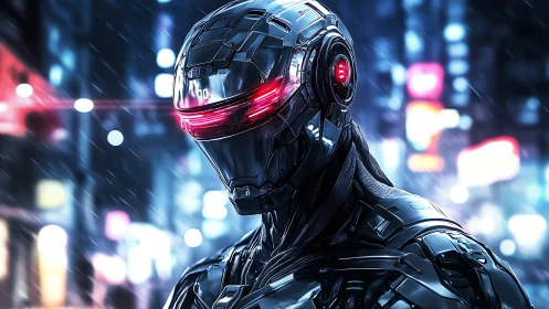 Neon city cyborg guardian under shimmering rainlight.
