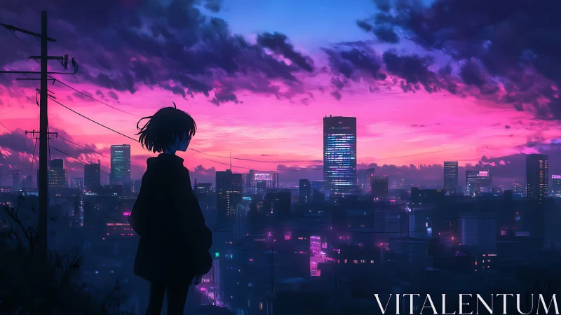 Silhouette girl overlooking neon city at vivid dusk sky.
