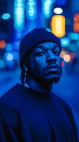Urban portrait glows under neon blue city lights at night