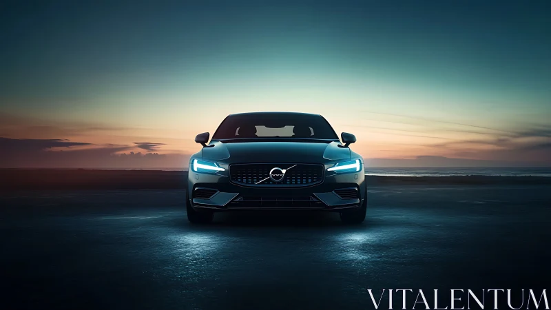 Volvo front-axial LED signature under coastal twilight horizon.