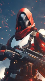 Armored sci fi soldier grips rifle in burning particle field