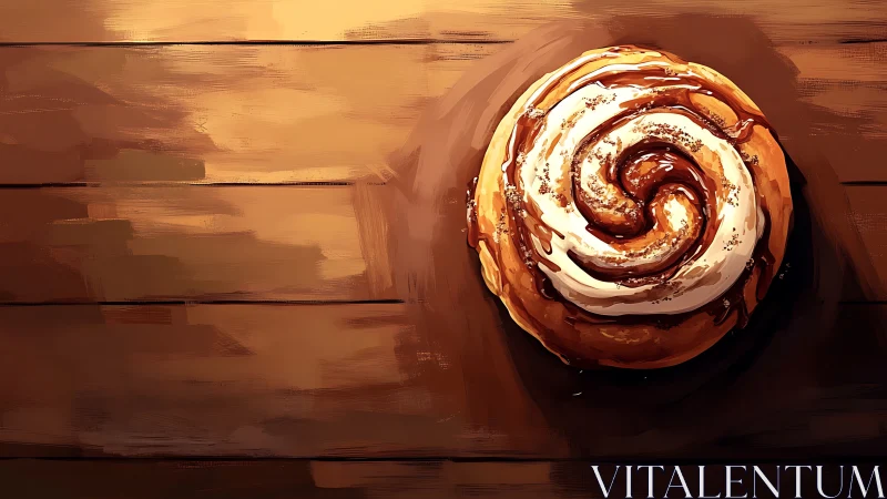 Cinnamon Roll on Wooden Surface: Painted Still Life Study.