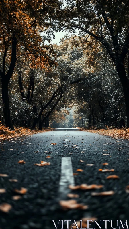 Autumn Tree-Lined Road at Ground Level.