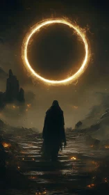 Hooded wanderer approaches blazing celestial ring portal.