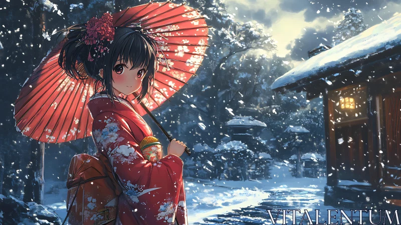 Snowlit kimono girl under crimson umbrella in silent shrine.