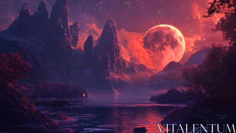 Lunar-Backlit Alien Mountains over Crimson Mist Lake.