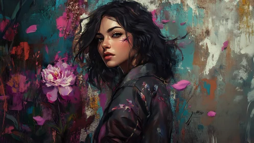 Bruised dreamer amid wild petals and storm-swept color fields.