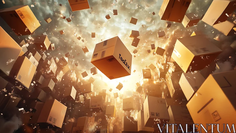 Volumetric-lit shipping boxes converge in dynamic radial explosion