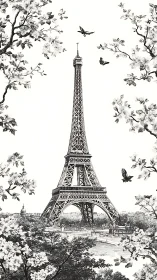 Spring blossoms and quiet Paris views around Eiffel Tower.