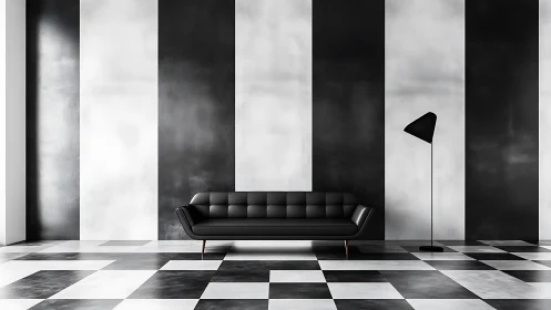 Minimalist Interior with Black Leather Sofa and Striped Wall
