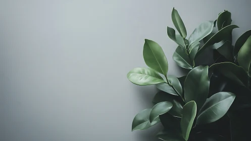 Glossy green foliage rests calmly on soft grey background