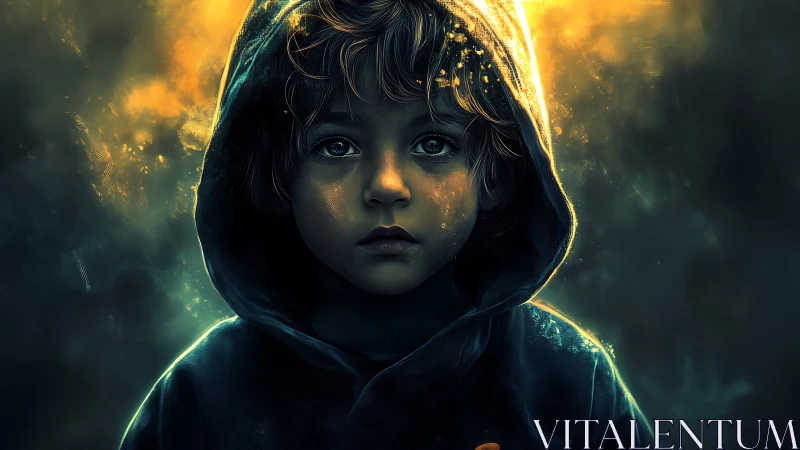Hooded child gazes through glowing dusk in quiet wonder