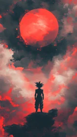 Crimson sky warrior beneath a burning celestial moonscape.