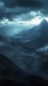 Misty moonlit valley leading toward distant spire peaks.