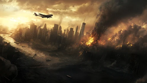 Apocalyptic urban skyline rendered in cinematic digital painting