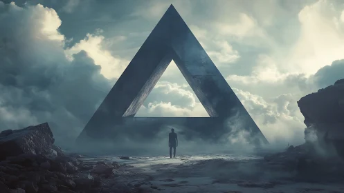 Solitary figure before monumental triangular portal structure.