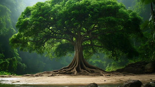 Sunlit forest giant with roots like wandering rivers.