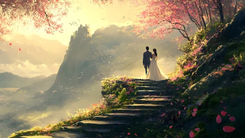 Bride and groom stand on mountain path under pink blossoms