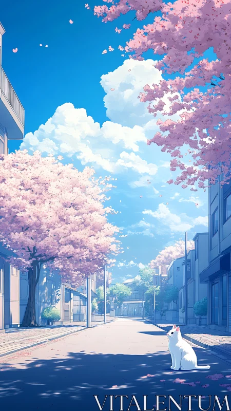 Silent cherry blossom street with solitary white cat at noon.
