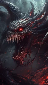 Infernal dragon wreathed in ember-lit smoke and shadow.