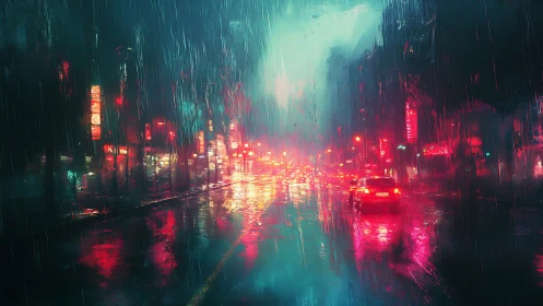 Neon-lit city street glows through heavy midnight rainstorm.