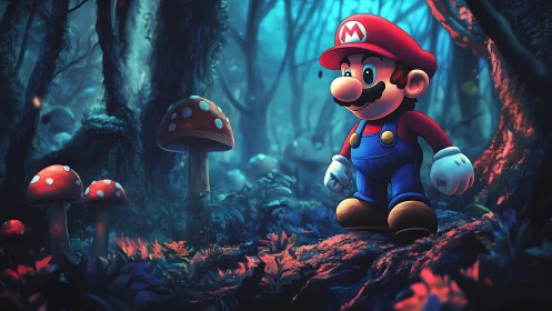Mario exploring luminous mushroom forest at dusk.