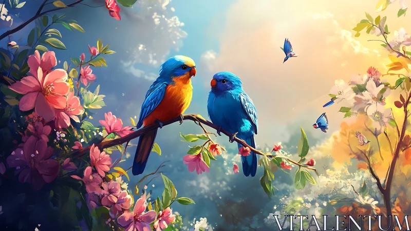 Two Colorful Birds on Blossoming Branch in Vibrant Spring Art.